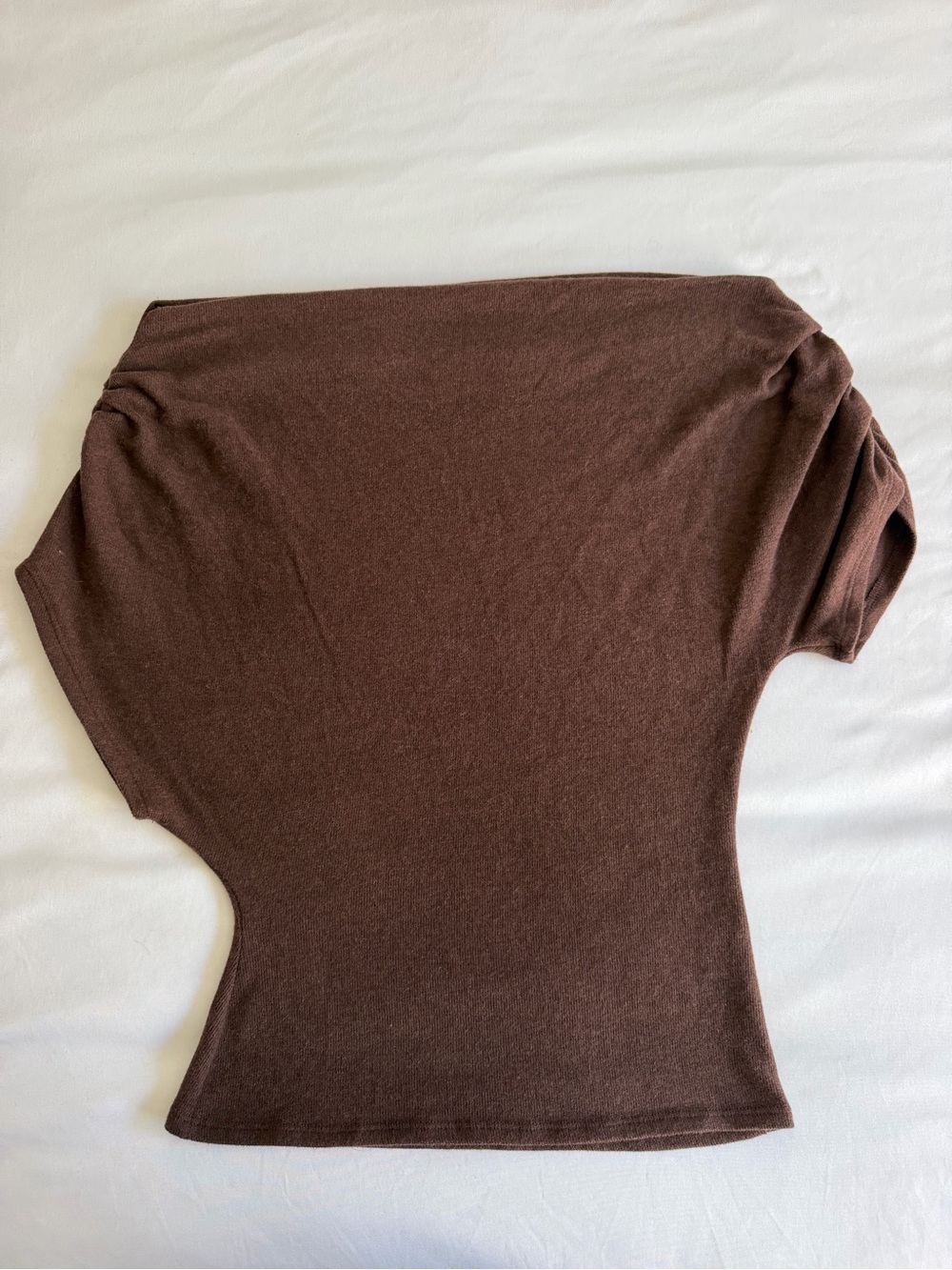 Reformation "Iris" Mole Chocolate Brown Asymmetrical Off Shoulder Knit Top